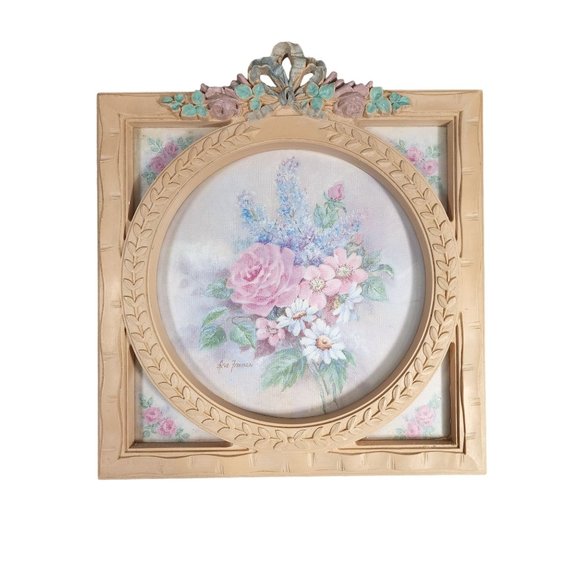 Vtg Ava Freeman Framed Floral Print Home Decor Circle in a Square 13"x13" - Picture 1 of 7